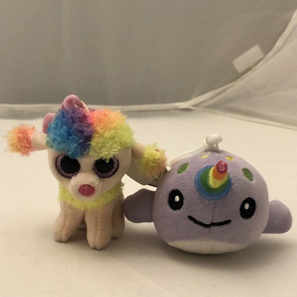TY Beanie Boos Rainbow Poodle Dog And Rainbow Narwhal Squishem Key Clips
